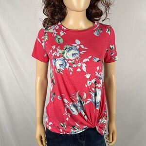 Twenty Ten Pink Blue White Floral Short Sleeve Top Blouse Small Stretch Casual